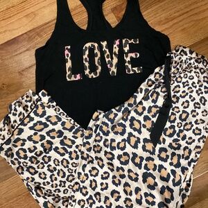 Victoria’s Secret VS 2piece Leopard Cheetah Satin Pants Racerbank Tee Tank Med